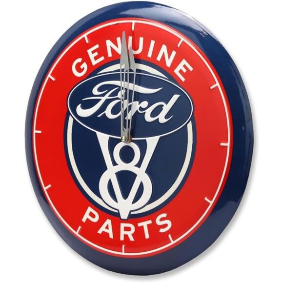 Official Ford V8 Genuine Parts Round Embossed Metal Hanging Wall Clock Collector - Picture 4 of 7
